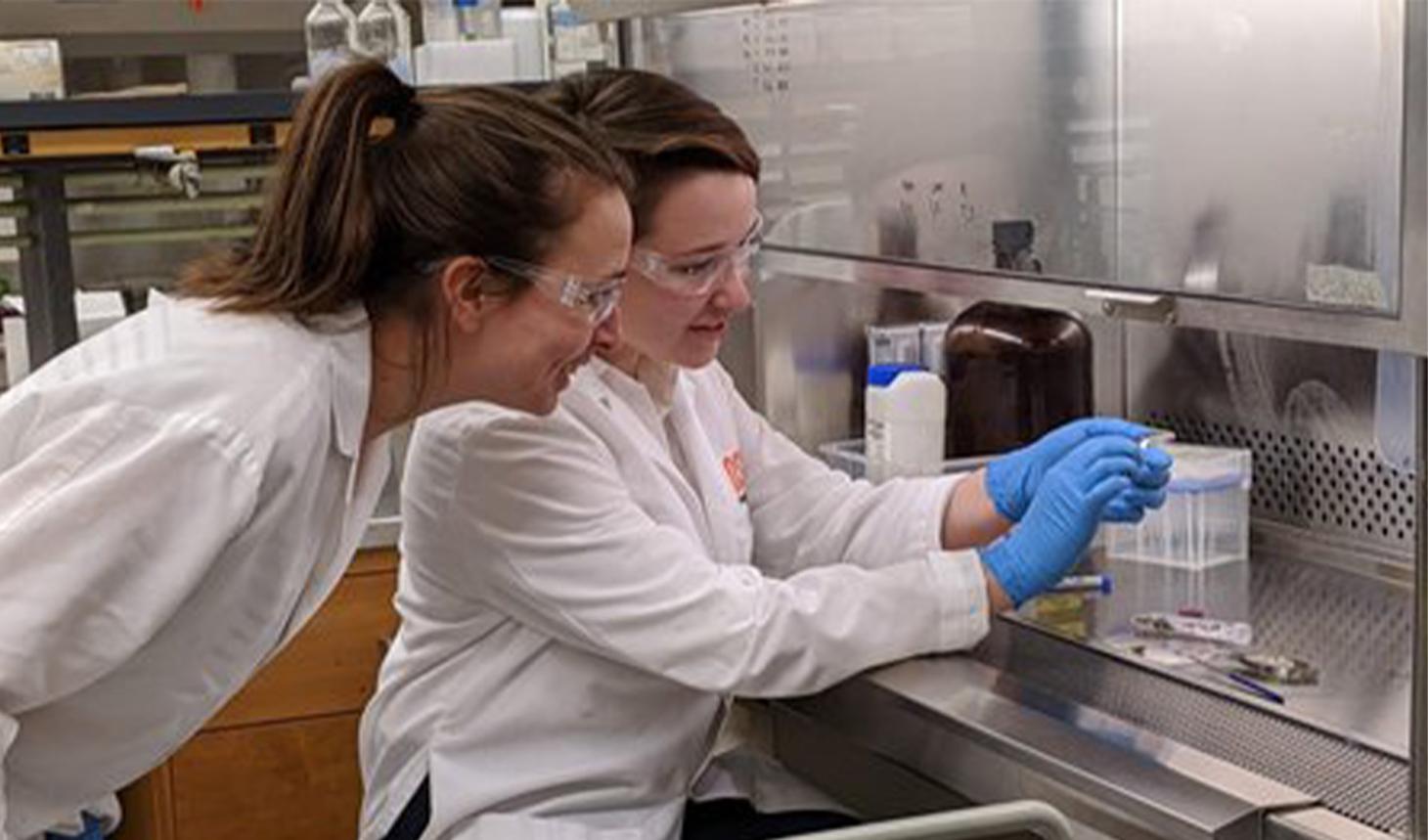 Maude David and Grace Deitzler working in the lab together.