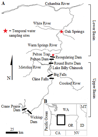 A labeled map of the Deschutes River.