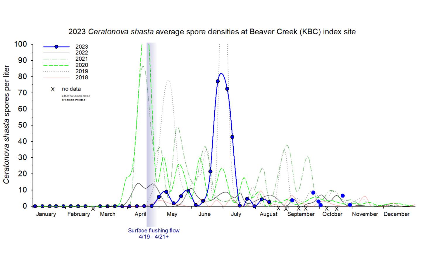 Graph showing density of waterborne stages of the myxozoan parasite Ceratonova shasta in water samples collected at the Beaver Creek index site in the Klamath River. 