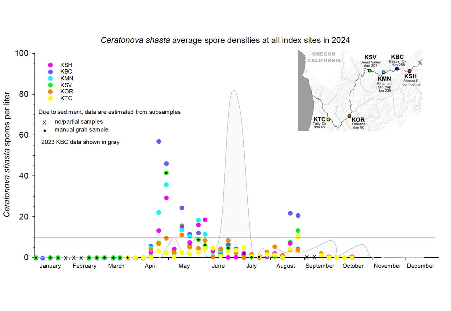 Graph showing the density of waterborne Ceratonova shasta at the index sites in the lower Klamath basin in 2024.