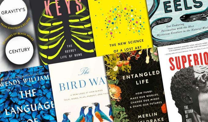 Science-themed novels lined up in an angled grid
